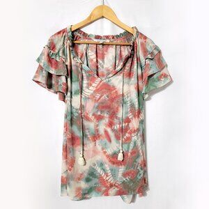 Rose & Olive Womens Flutter Short Sleeve Top Size 1X Tassel Neck Tie Dye Pastel